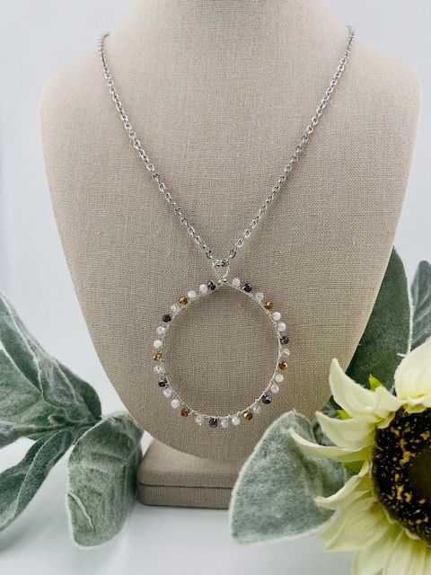 Boho Silver Circle Pendant Necklace – Hand-Wrapped Multicolor Crystal Beads on 27&quot; Silver-Plated Chain