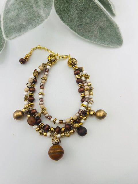 Boho Triple-Strand Neutral Beaded Bracelet – Mixed Metal, Wood &amp; Glass Beads on Gold-Plated Wire
