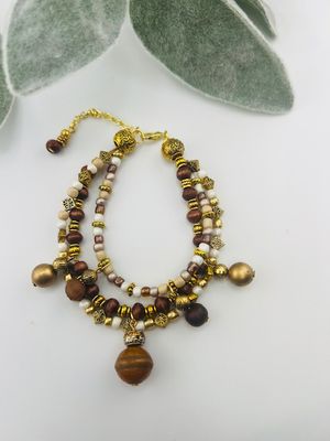Boho Triple-Strand Neutral Beaded Bracelet – Mixed Metal, Wood &amp; Glass Beads on Gold-Plated Wire