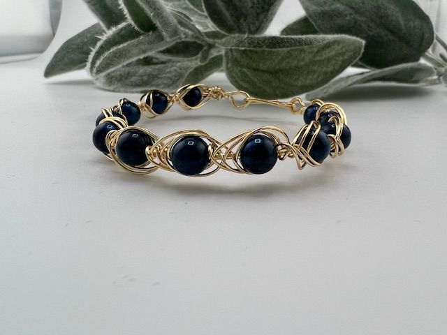 Embraced Gold &amp; Navy Blue Wire-Wrapped Bracelet – Handcrafted with Glass Beads &amp; Tarnish-Resistant Hypoallergenic Wire (7&quot;)