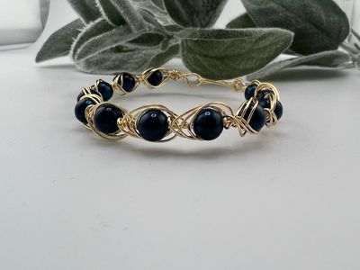 Embraced Gold &amp; Navy Blue Wire-Wrapped Bracelet – Handcrafted with Glass Beads &amp; Tarnish-Resistant Hypoallergenic Wire (7&quot;)