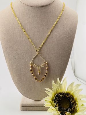 Boho Leaf &amp; Swirl Amber Pendant Necklace – Handcrafted Gold Wire with Glass Beads on 24&quot; Gold-Plated Chain
