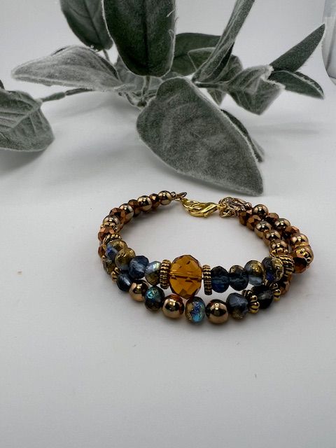 Camila Double Layer Bracelet – Blue &amp; Amber Czech Glass with Gold Accents and 14K Gold-Plated Extension