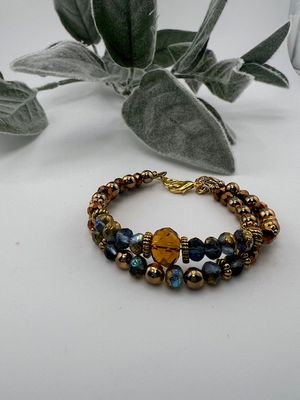 Camila Double Layer Bracelet – Blue &amp; Amber Czech Glass with Gold Accents and 14K Gold-Plated Extension