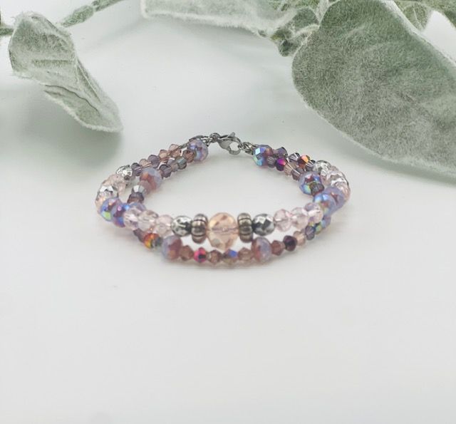 Camila Double Layer Bracelet – Pink &amp; Lavender Diamond-Cut Glass Beads with Adjustable Sterling Silver Wire