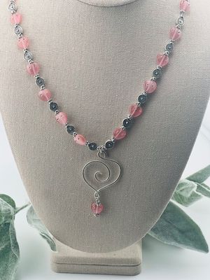 Love That Pink – Handmade Silver Heart Necklace with Crystal-Embedded Pink Glass Beads &amp; Spiral Accents