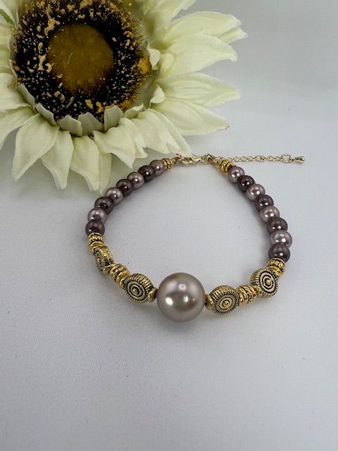 Camila Bracelet – Mauve &amp; Plum Beads with Antique Gold Accents on Adjustable Sterling Silver Wire