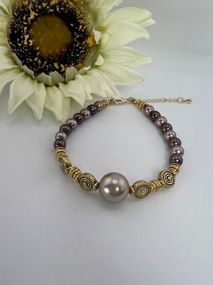 Camila Bracelet – Mauve &amp; Plum Beads with Antique Gold Accents on Adjustable Sterling Silver Wire