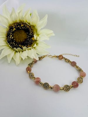 Sophia Champagne &amp; Apricot Beaded Bracelet – Antique Gold &amp; Marbled Glass on Sterling Silver Wire