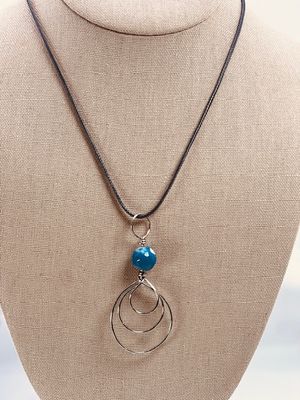 Boho Silver Triple Loop Pendant Necklace – Handcrafted with Vintage Blue Bead on 18&quot; Vegan Leather Cord