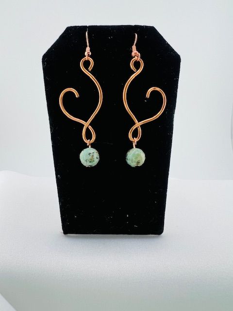 Open Swirl Copper &amp; Aqua Earrings – Handcrafted with Hammered Copper Wire &amp; Marbled Diamond-Cut Glass Beads