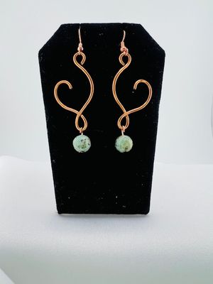 Open Swirl Copper &amp; Aqua Earrings – Handcrafted with Hammered Copper Wire &amp; Marbled Diamond-Cut Glass Beads