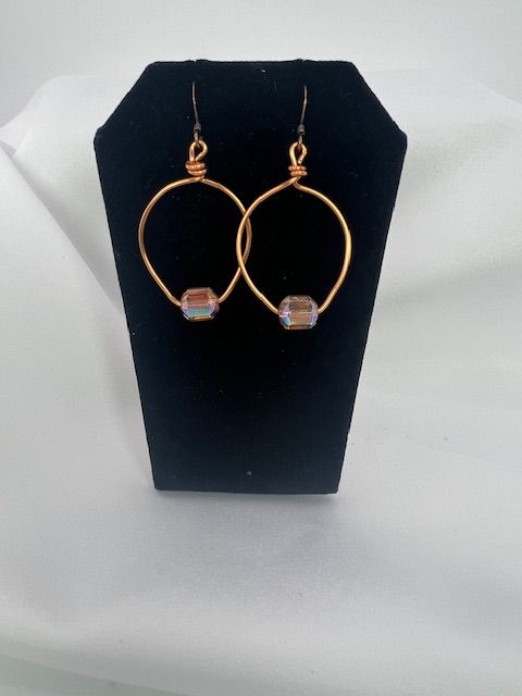 Copper Teardrop Earrings – Clear Iridescent Glass Beads with Flat Copper Backing (Hypoallergenic &amp; Tarnish-Resistant)