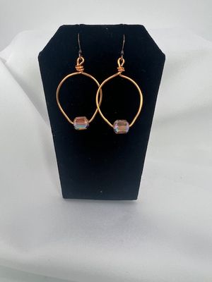 Copper Teardrop Earrings – Clear Iridescent Glass Beads with Flat Copper Backing (Hypoallergenic &amp; Tarnish-Resistant)