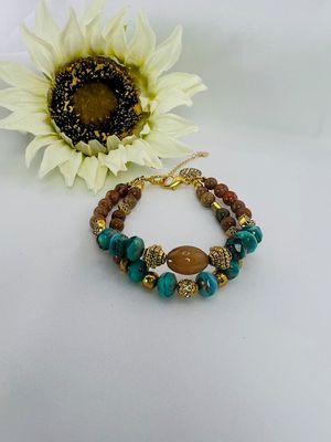 Camila Double Layer Bracelet – Aquamarine &amp; Warm Marbled Glass Beads with Ornate Gold Accents