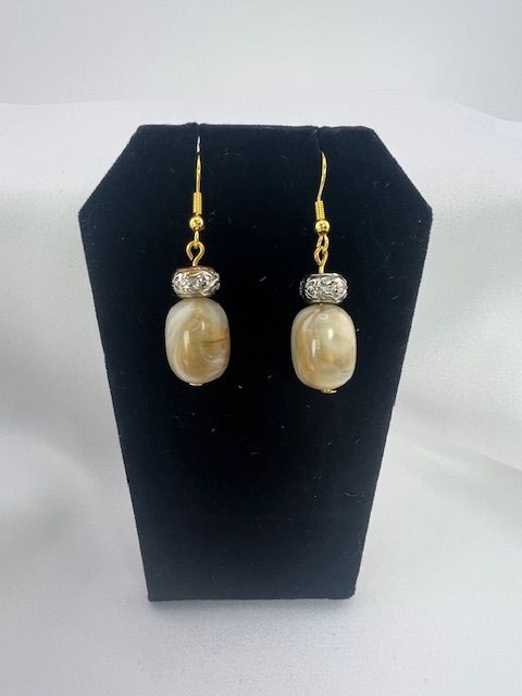 Vintage Statement Earrings – Soft Caramel Marbled Stone Beads with Ornate Gold &amp; Silver Accents