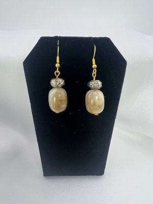 Vintage Statement Earrings – Soft Caramel Marbled Stone Beads with Ornate Gold &amp; Silver Accents