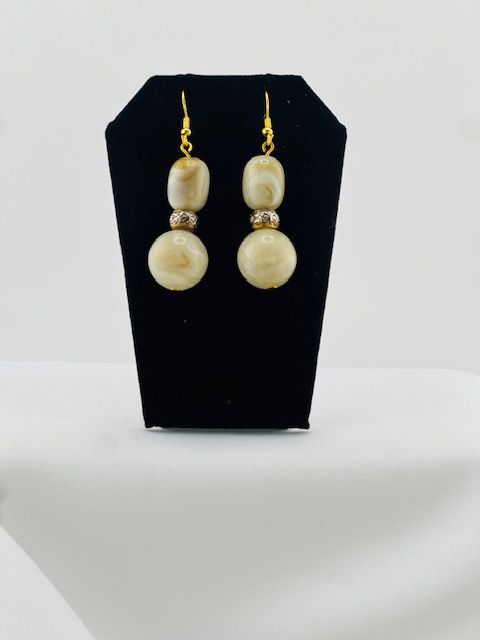 Vintage Triple Tier Earrings – Marbled Caramel Stone Beads with Ornate Gold &amp; Silver Accents