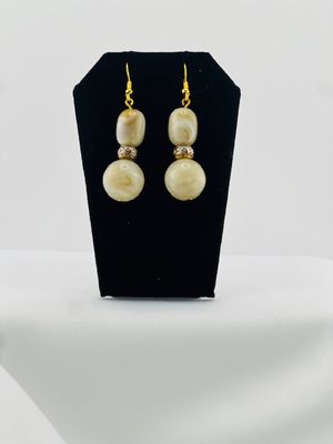 Vintage Triple Tier Earrings – Marbled Caramel Stone Beads with Ornate Gold &amp; Silver Accents