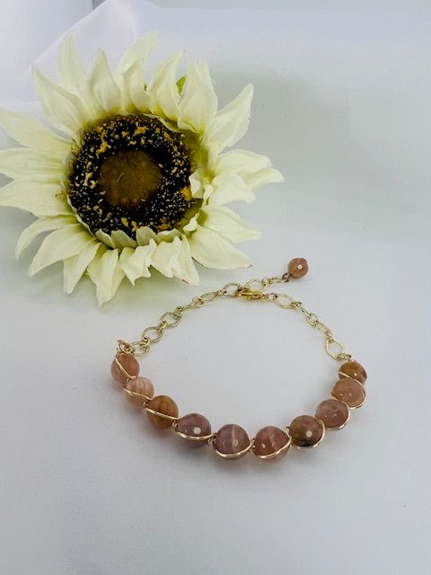 Sophia Champagne Marble &amp; Gold Chain Half Bracelet – Diamond-Cut Glass Beads with 18K Gold Plated Chain