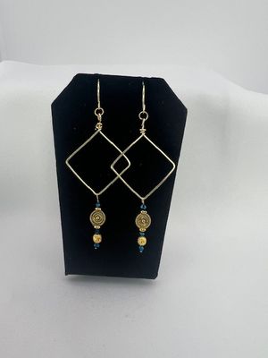 Squared Gold Earrings – Royal Blue Crystal Beads with Ornate Gold Accents (Handcrafted &amp; Tarnish-Resistant)
