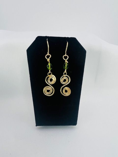 Gold S-Shaped Earrings – Diamond-Cut Green Glass Beads on Hypoallergenic Tarnish-Resistant Wire
