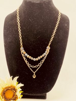 Title (SEO-Optimized): Cali Design Semi Three-Tier Necklace – Rustic Blue Marbled Beads with 18K Gold Chain &amp; 14K Gold Heart Charm (25&quot;)