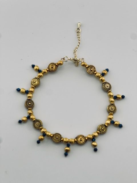 Royal Blue &amp; Antique Gold Beaded Bracelet – Handcrafted with Crystal Beads &amp; Vintage-Inspired Dangle Charms