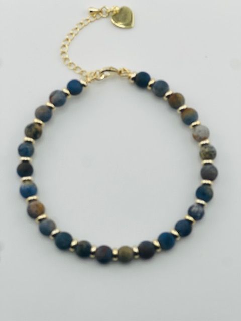 Cali Design Blue &amp; Gold Bracelet – Rustic Marbled Glass Beads with Gold Spacers &amp; Adjustable Extension (Fits Most Wrists)