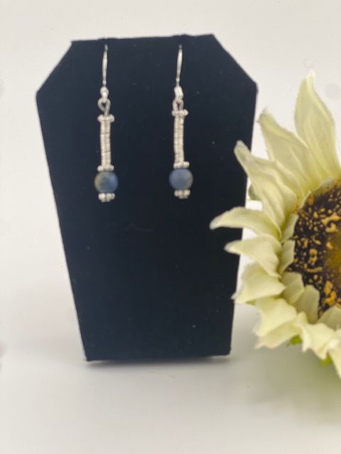 BOHO Blue Spring Earrings – Hand-Spiraled Silver Wire with Rust-Blue Glass Beads (Tarnish-Resistant)