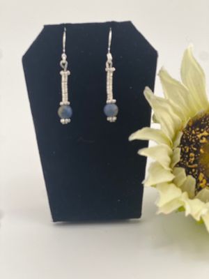 BOHO Blue Spring Earrings – Hand-Spiraled Silver Wire with Rust-Blue Glass Beads (Tarnish-Resistant)