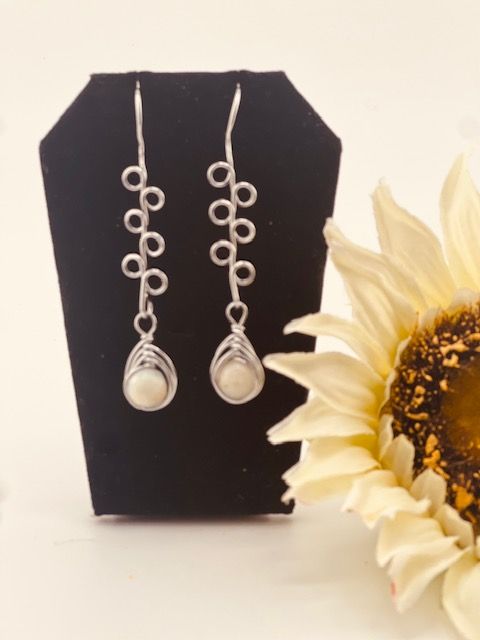 Cali Multi-Loop Earrings – Pearl White Diamond-Cut Beads Hand-Wrapped in Silver Wire (Tarnish-Resistant)