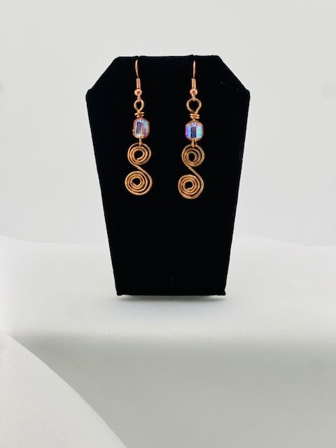 Stella Spiral Earrings – Handcrafted 99.9% Copper with Iridescent Copper-Backed Glass Beads