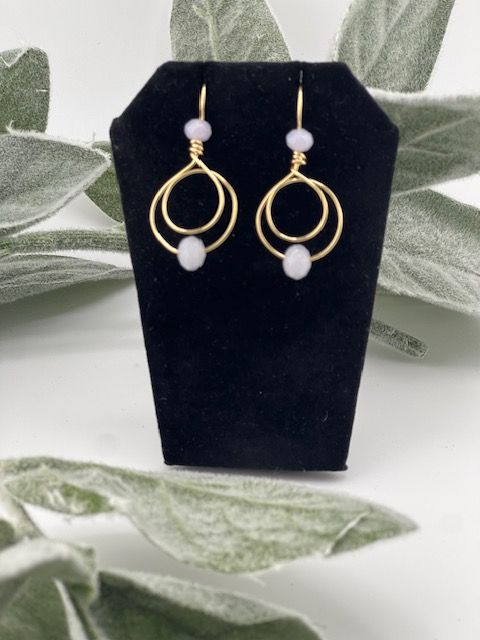 Loopy Tee Loop Earrings – Double Gold Loops with Powder Blue Glass Beads (Tarnish-Resistant)