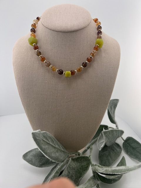 Fall Collection - Handmade Chocolate Quartz and Lime Green Stone Choker Necklace for Women, Autumn Boho Gemstone Beaded Jewelry Gift Idea