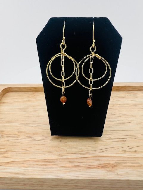 Fall Collection - Double Loop Gold/Chain Earrings with Quartz Stone