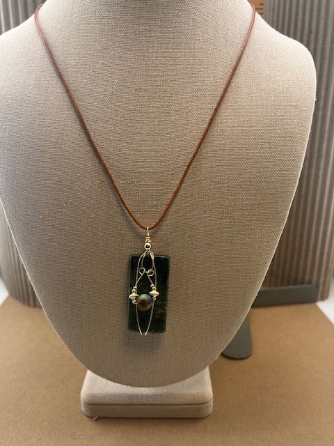 Fall Collection - Cow Hide Leather Choker with Emerald Green Gold Wrapped Stone