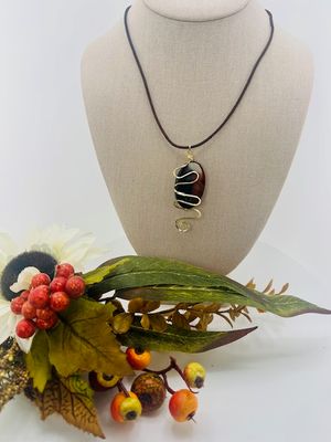 Fall Collection - Coffee Agate Stone Overlaid with 14K gold filled wire design pendant on a Genuine Dark Chocolate Leather Choker Necklace
