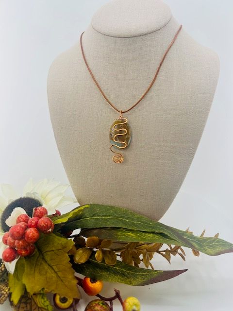 FALL Collection - Bluish - Rustic Larimar Stone over-layered with a Beautiful Copper-wire Hand-crafted designed Pendant that Suspends on a Rustic Genuine Leather Choker Necklace