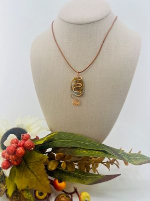 FALL Collection - Bluish - Rustic Larimar Stone over-layered with a Beautiful Copper-wire Hand-crafted designed Pendant that Suspends on a Rustic Genuine Leather Choker Necklace