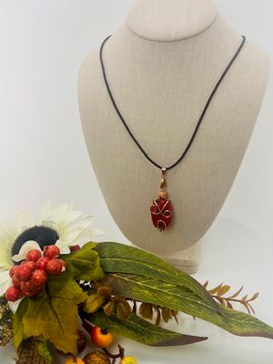 Fall Collection -Red Rustic Swirled Stone Wrapped in Copper Wire on a Rustic- color Genuine Leather Choker