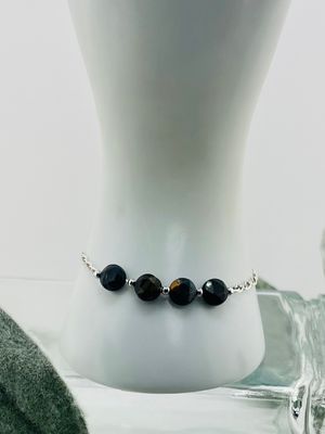 Sterling Silver Blue Tiger Eye Diamond-Cut Stone Bracelet