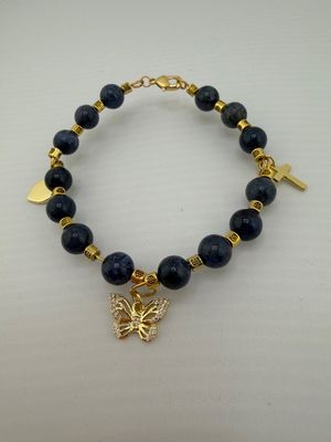 Dark Blue Stone Bead Bracelet with Gold Charms
