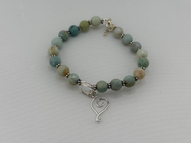 Sage Green Stone Bracelet with a Sterling Silver Heart Charm