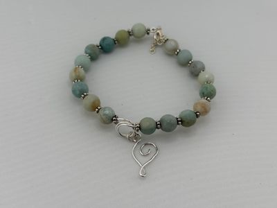 Sage Green Stone Bracelet with a Sterling Silver Heart Charm