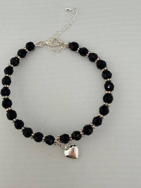 Black Beaded Bracelet with a Sterling Silver Heart Charm