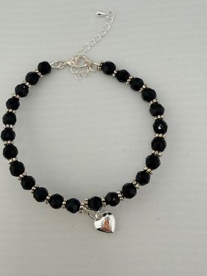 Black Beaded Bracelet with a Sterling Silver Heart Charm