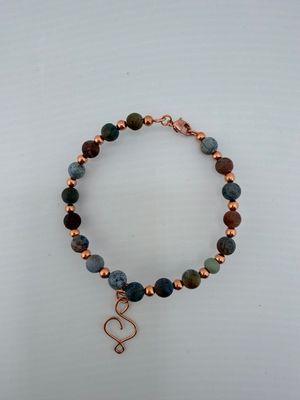 Pure Copper and Rustic Blue Beaded Bracelet with Copper Heart Charm