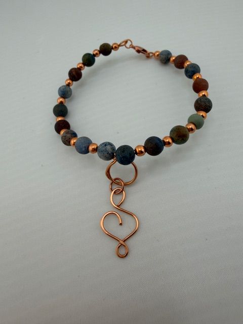 Pure Copper and Rustic Blue Beaded Bracelet with Copper Heart Charm