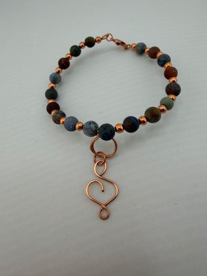 Pure Copper and Rustic Blue Beaded Bracelet with Copper Heart Charm
